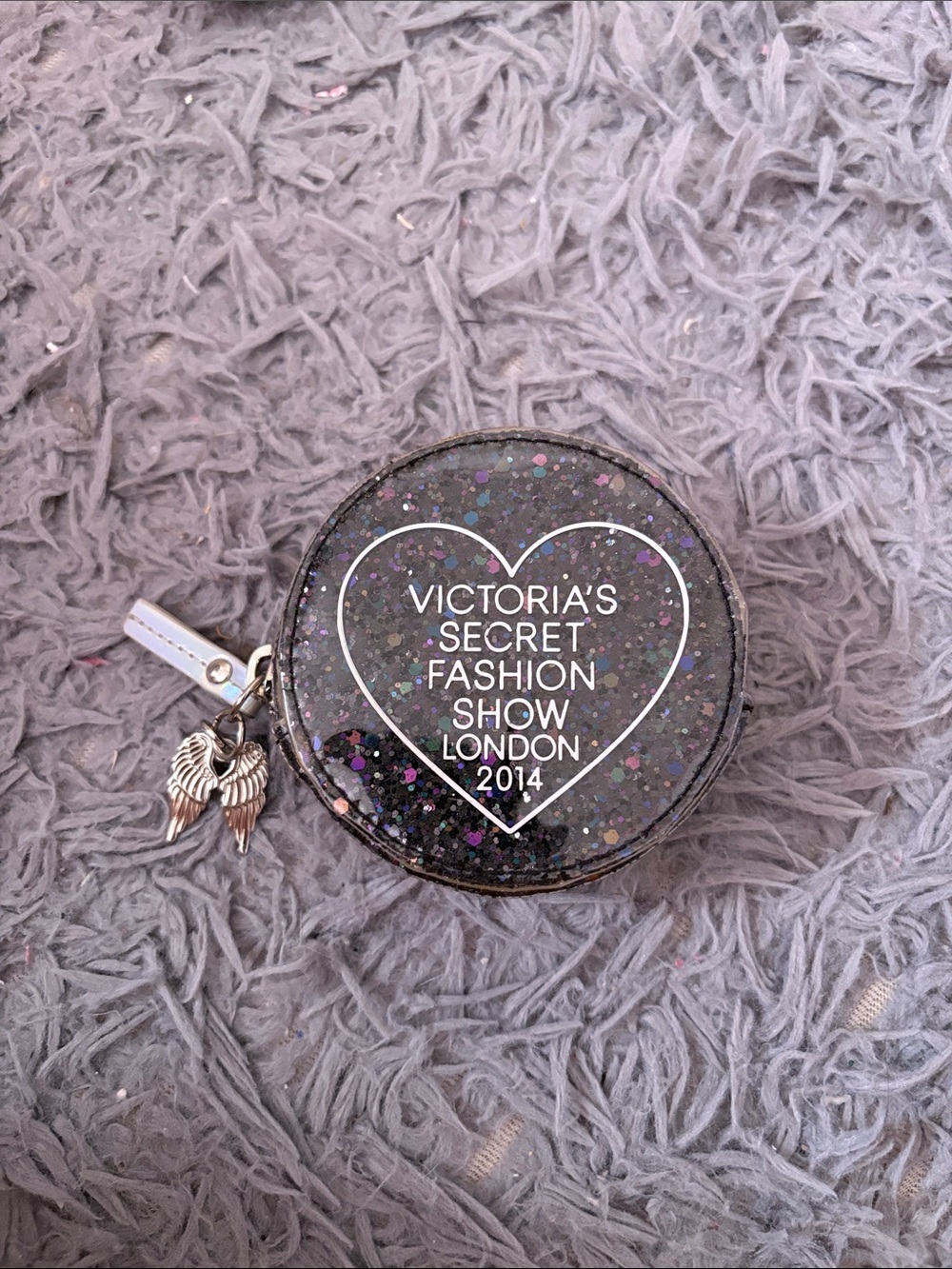 Victoria's Secret Black Glitter Round Coin Pouch with Angel Wing Charm